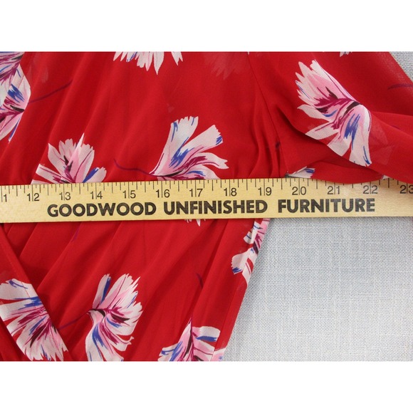 Express Red Floral Chiffon Long Sleeve Romper Surplice Wrap Tie Waist Womens M - Picture 9 of 14